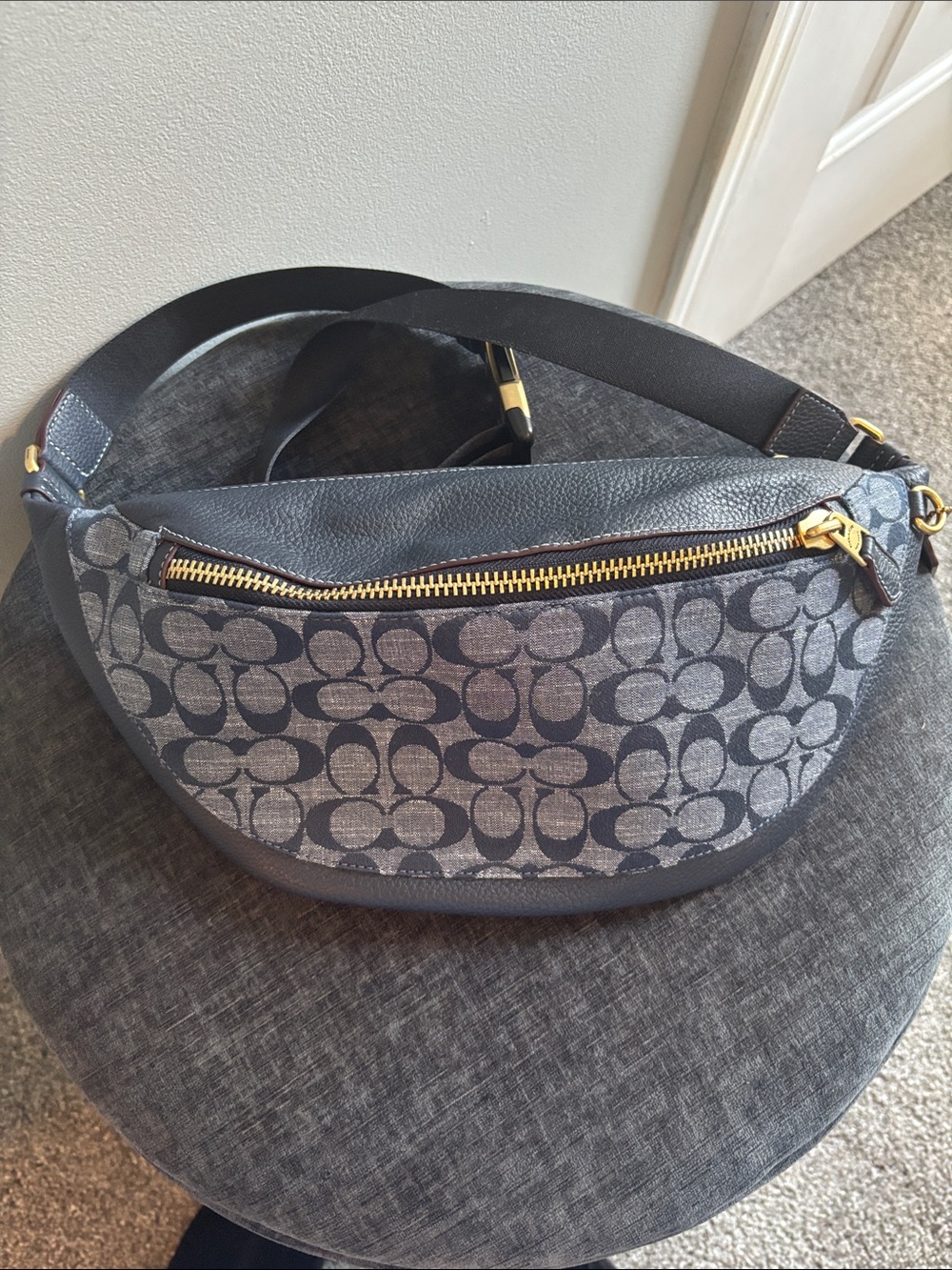 Coach Navy Signature Canvas Crossbody Belt Bag with Gold Hardware
